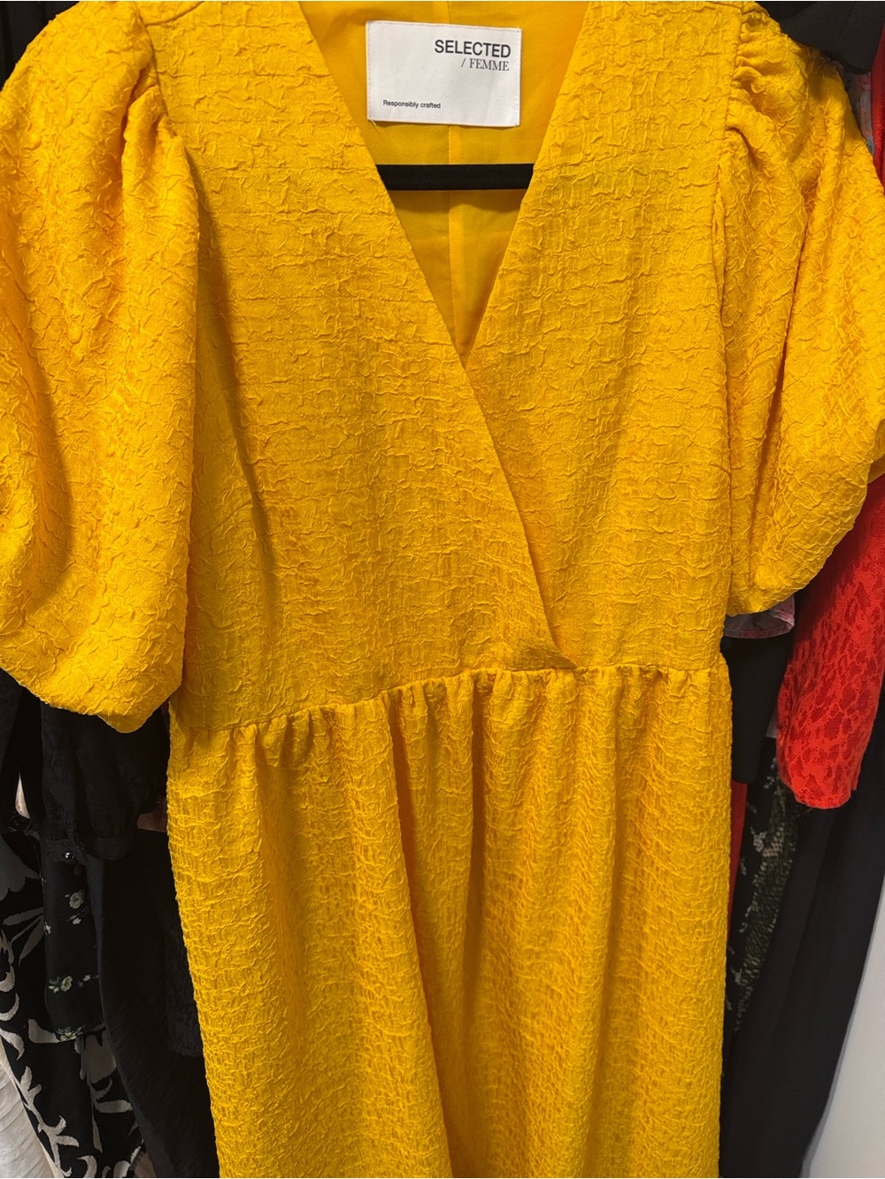 Selected Femme Bright Yellow Puff-Sleeve Midi Dress